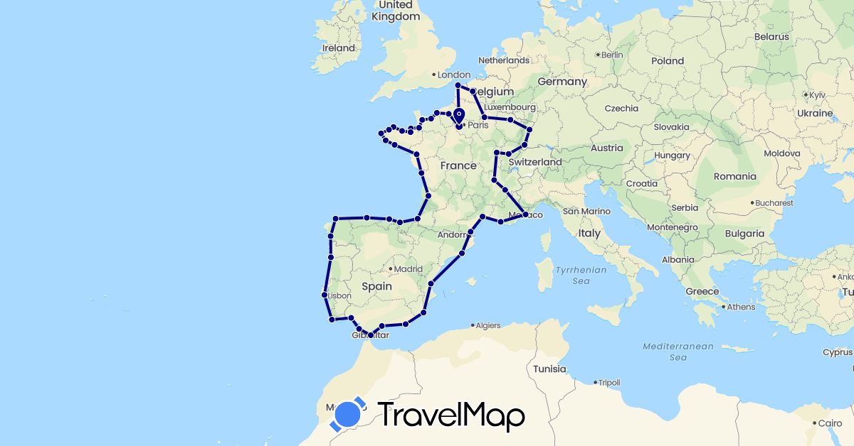 TravelMap itinerary: driving in Spain, France, Gibraltar, Monaco, Portugal (Europe)